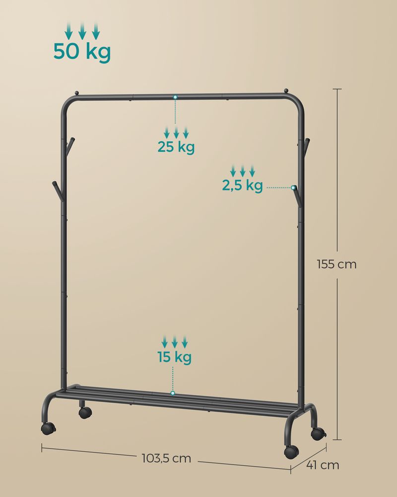 SEGENN Brescia Kledingrek op Wielen – 103,5 cm Breed – Inktzwart – Verplaatsbare Kledingroede voor Slaapkamer of Winkel-Voor Jassen, Kleding of Wasruimte