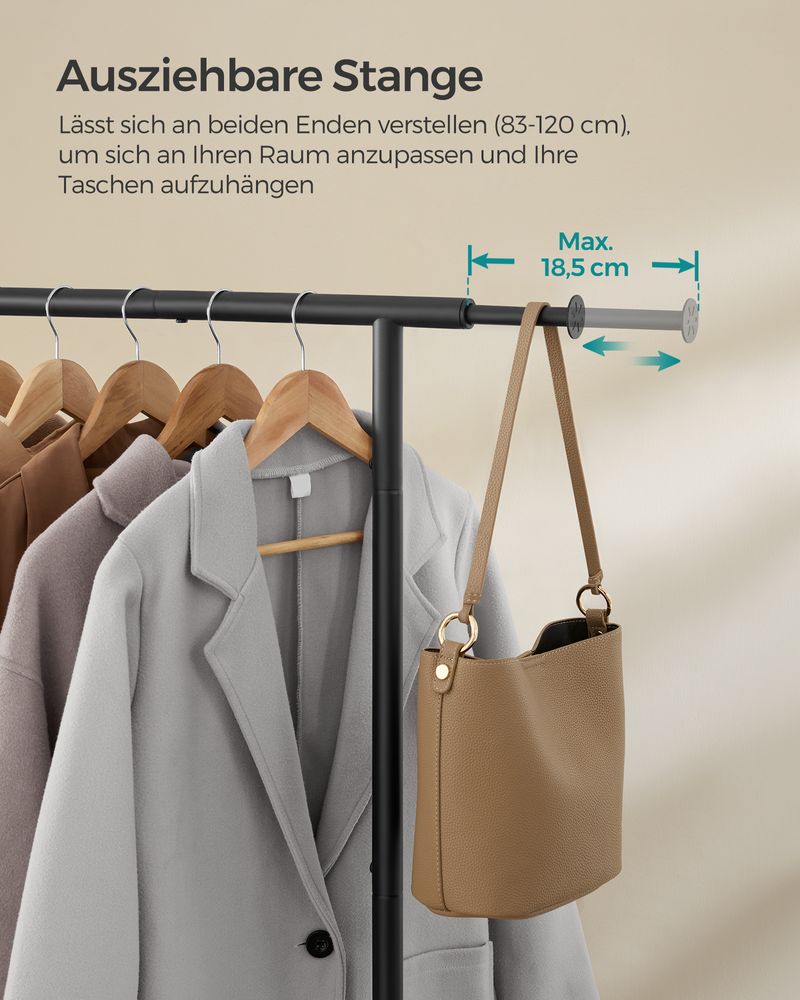 SEGENN Parma Verplaatsbaar Kledingrek – Inktzwarte Afwerking – 45 kg Capaciteit-Zwart-Stevig Kledingrek op Wieltjes – Inktzwart-Belastbaar
