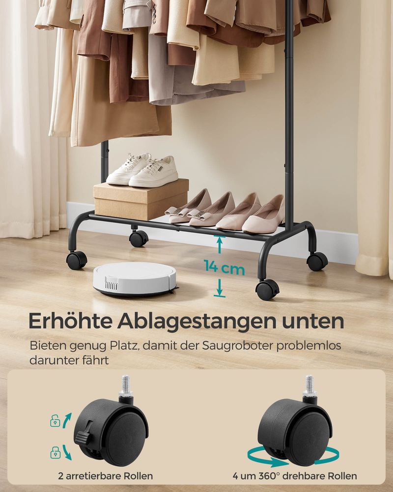 SEGENN Parma Verplaatsbaar Kledingrek – Inktzwarte Afwerking – 45 kg Capaciteit-Zwart-Stevig Kledingrek op Wieltjes – Inktzwart-Belastbaar