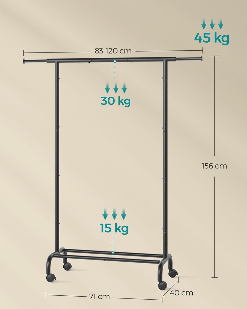 SEGENN Parma Verplaatsbaar Kledingrek – Inktzwarte Afwerking – 45 kg Capaciteit-Zwart-Stevig Kledingrek op Wieltjes – Inktzwart-Belastbaar