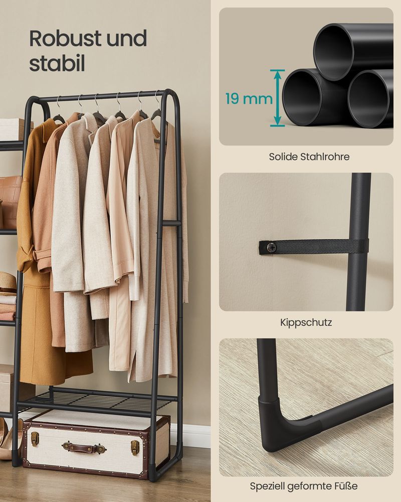 SEGENN Milan Kledingrek met 5 Legplanken – Stalen Frame – Zwart – Opbergrek voor Kleding & Schoenen