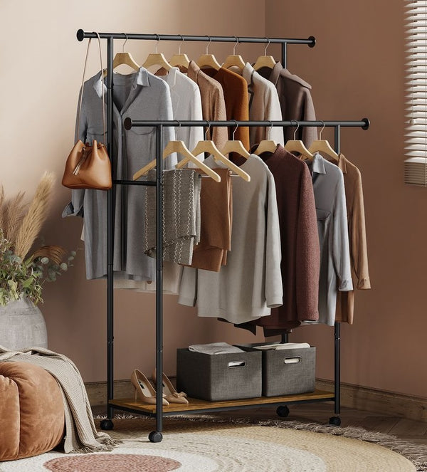 SEGENN Perugia Verplaatsbaar Kledingrek met Wielen – Vintage Bruin & Zwart – Industrieel Design