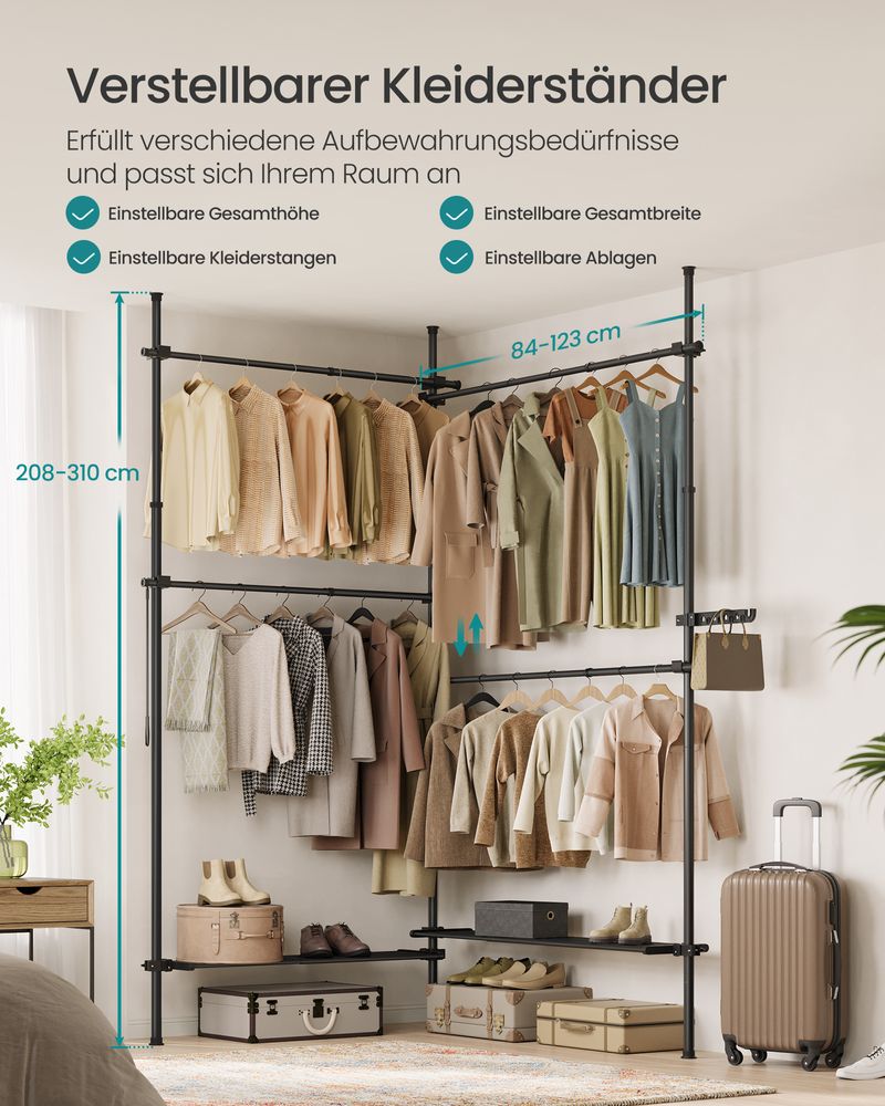 SEGENN Turin Groot Verstelbaar Kledingrek – Mat Zwart – 33,5 x (162–238) x (208–310) cm-Minimalistisch Design-Industrieel Zwart Metalen Kledingrek