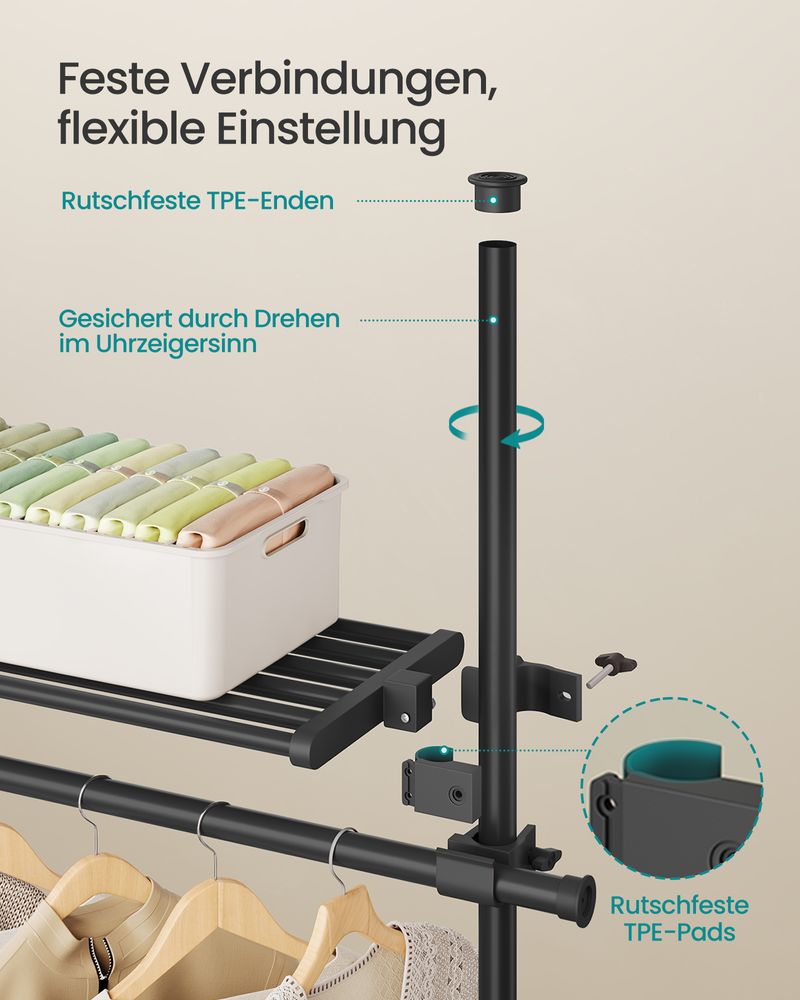 SEGENN Turin Groot Verstelbaar Kledingrek – Mat Zwart – 33,5 x (162–238) x (208–310) cm-Minimalistisch Design-Industrieel Zwart Metalen Kledingrek