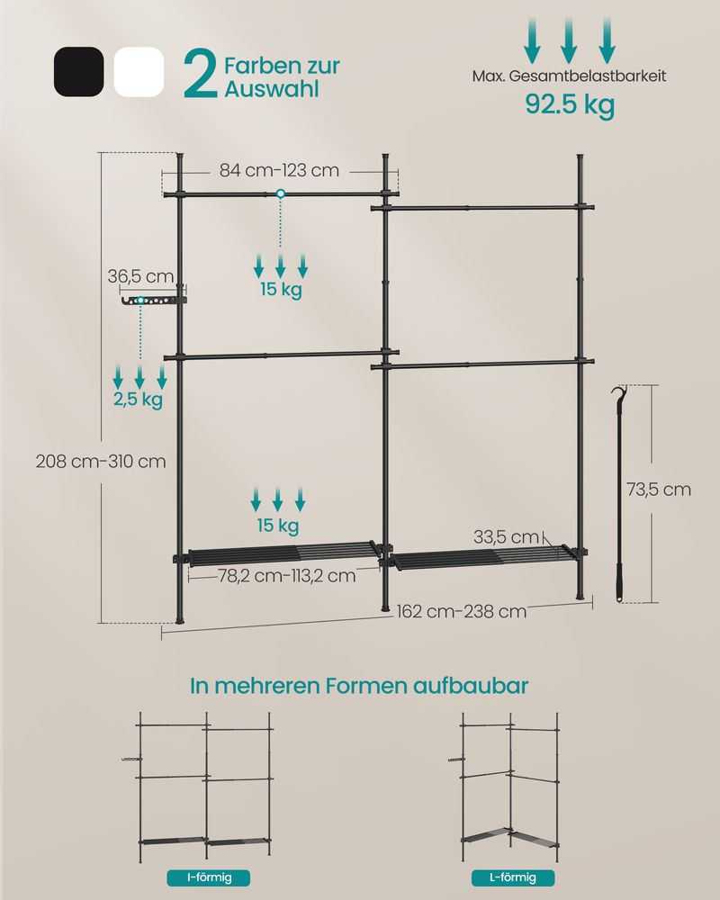 SEGENN Turin Groot Verstelbaar Kledingrek – Mat Zwart – 33,5 x (162–238) x (208–310) cm-Minimalistisch Design-Industrieel Zwart Metalen Kledingrek