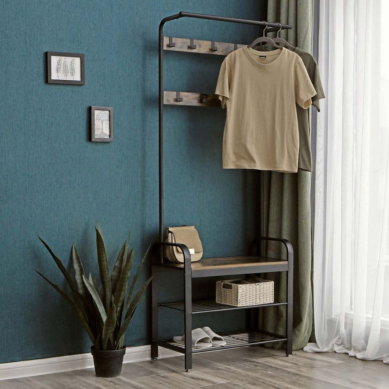 SEGENN Palermo Stoere Kapstok met Zitbank – Industrieel Design-Industriële Kapstok met Bank – Metaal & Hout – Wandkapstok met Zitbank