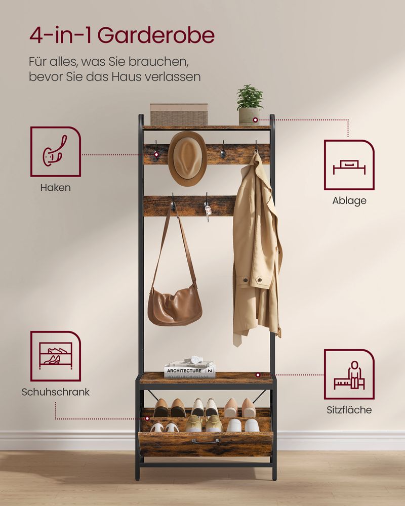 SEGENN Lecce Kapstok met Schoenenkast in Vintage Bruin-Zwart-Industriële Kapstok-Halmeubel met Kapstok en Schoenenkast – Vintage Look-Opbergruimte – Vintage Bruin en Zwart