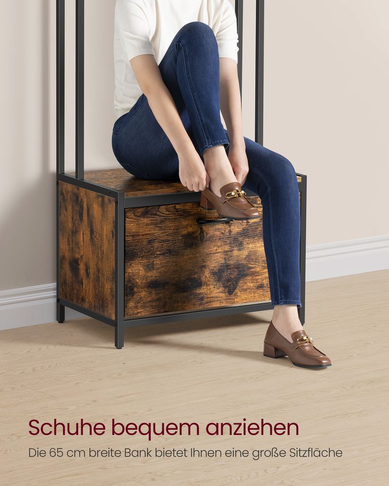 SEGENN Lecce Kapstok met Schoenenkast in Vintage Bruin-Zwart-Industriële Kapstok-Halmeubel met Kapstok en Schoenenkast – Vintage Look-Opbergruimte – Vintage Bruin en Zwart