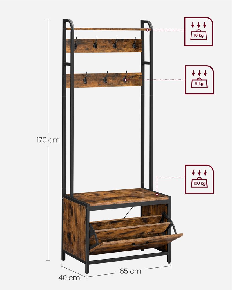 SEGENN Lecce Kapstok met Schoenenkast in Vintage Bruin-Zwart-Industriële Kapstok-Halmeubel met Kapstok en Schoenenkast – Vintage Look-Opbergruimte – Vintage Bruin en Zwart