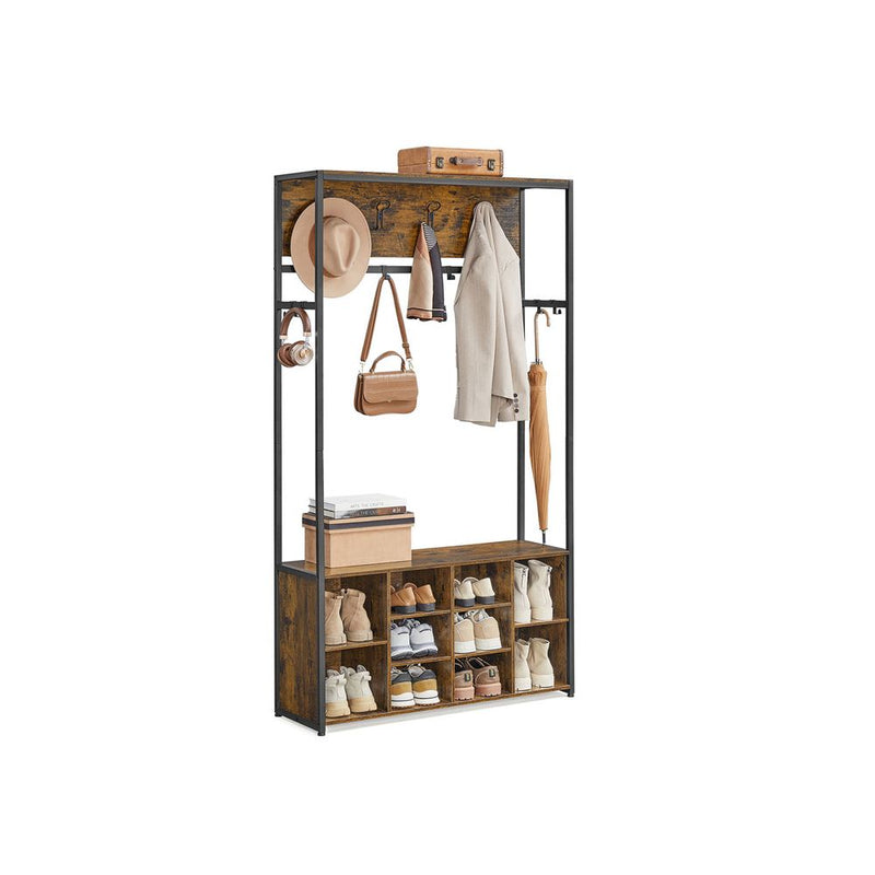 SEGENN Milan Kledingrek met Schoenenrek in Vintage Bruin en Zwart-Vrijstaand Kledingrek met Schoenenplank – Hout & Zwart Metaal