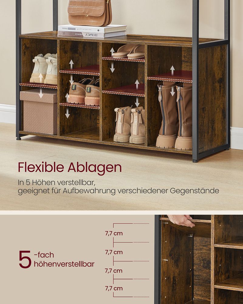 SEGENN Milan Kledingrek met Schoenenrek in Vintage Bruin en Zwart-Vrijstaand Kledingrek met Schoenenplank – Hout & Zwart Metaal