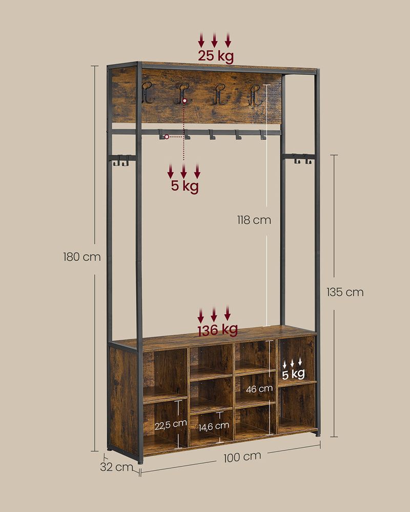 SEGENN Milan Kledingrek met Schoenenrek in Vintage Bruin en Zwart-Vrijstaand Kledingrek met Schoenenplank – Hout & Zwart Metaal