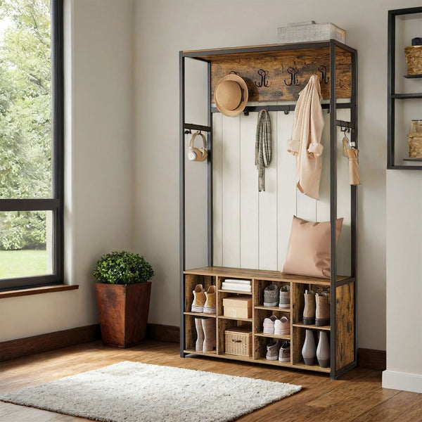 SEGENN Modena Kledingrek met Schoenenrek in Vintage Bruin en Inktzwart-Industriëel Kleding- en Schoenenrek – Bruin/Zwart
