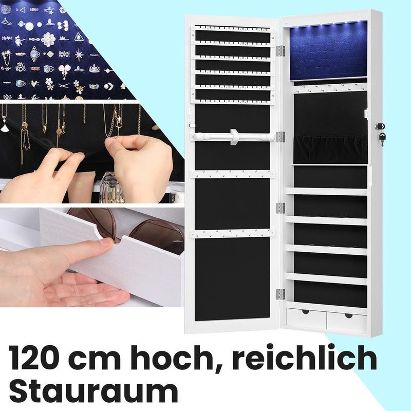 Segenn's Sieradenkast Wandmontage met Spiegeldeur en LED-verlichting – Voor Kettingen & Oorbellen