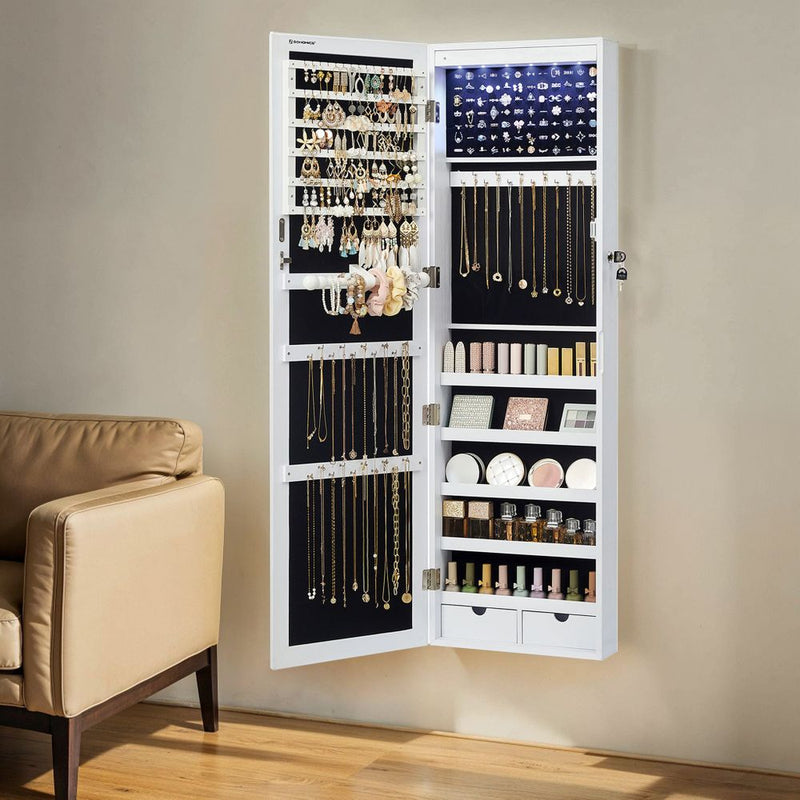 Segenn's Sieradenkast Wandmontage met Spiegeldeur en LED-verlichting – Voor Kettingen & Oorbellen