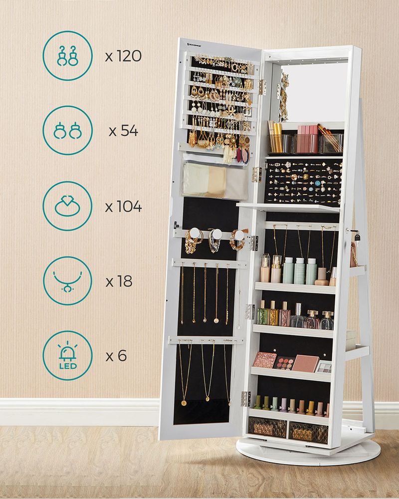 Segenn's Modena Luxe Sieradenkast met Full-Body Spiegel-Multifunctionele Sieradenkast met Spiegel en Verlichting