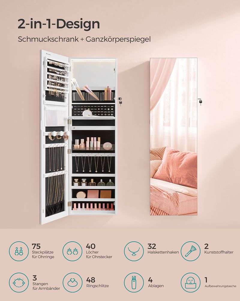 Segenn's Modena Hoge Sieradenkast met Binnen­spiegel (140 cm) – Ruim & Elegant in Cloud White