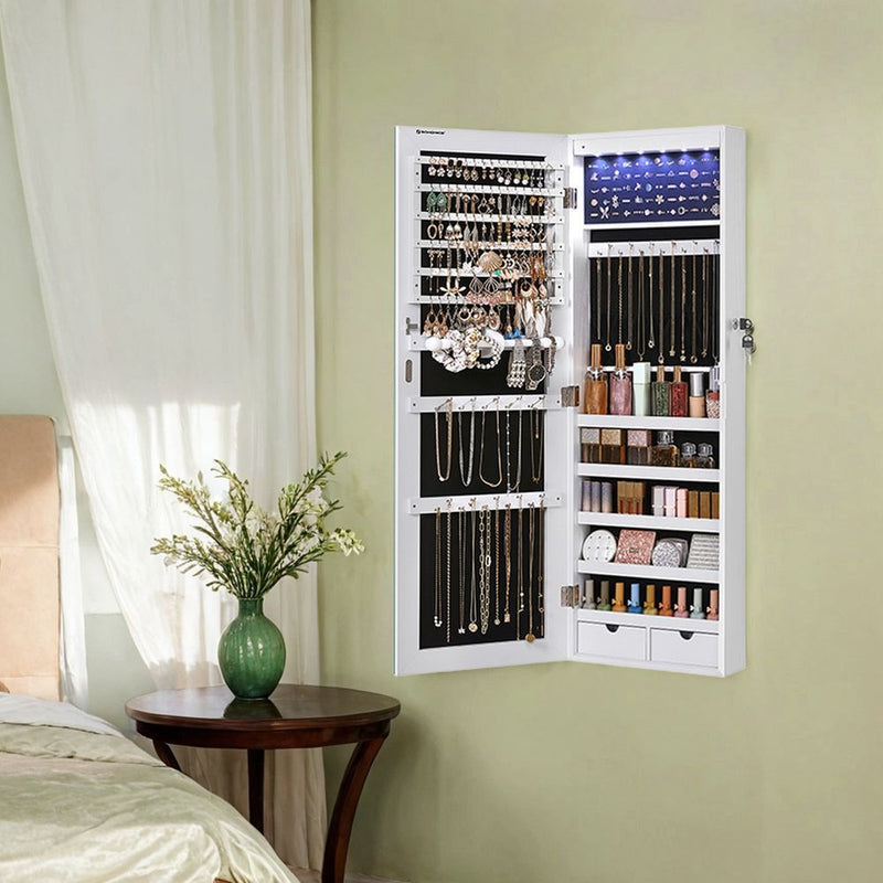 Segenn's Pisa Ruimtebesparende Hangende Juwelenkast met Spiegel en LED-licht – Wandkast