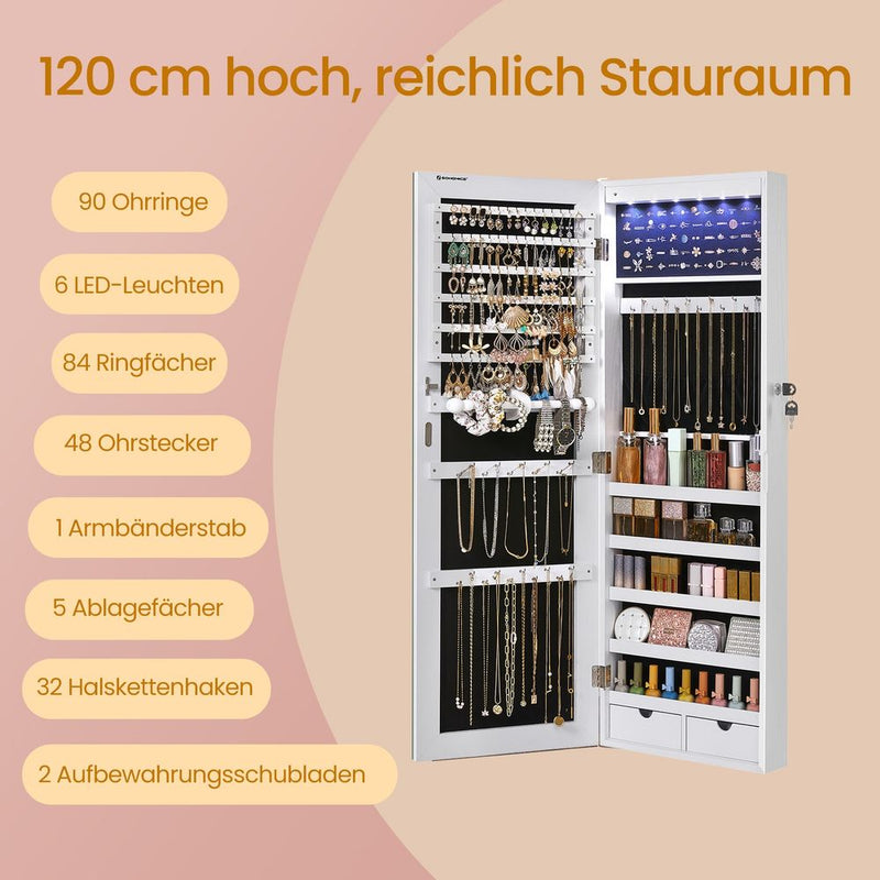 Segenn's Pisa Ruimtebesparende Hangende Juwelenkast met Spiegel en LED-licht – Wandkast