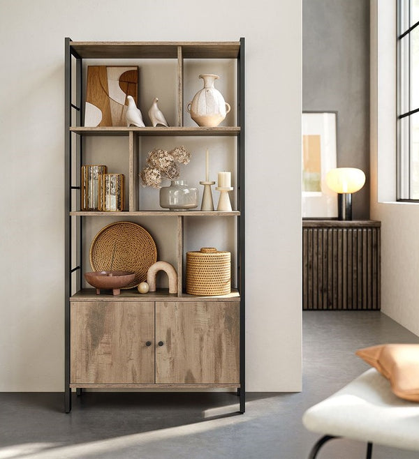 Segenn's Trento Hoge Boekenkast 4 Planken – Open Kast in Eiken Bruin-Zwart voor Woonkamer of Kantoor