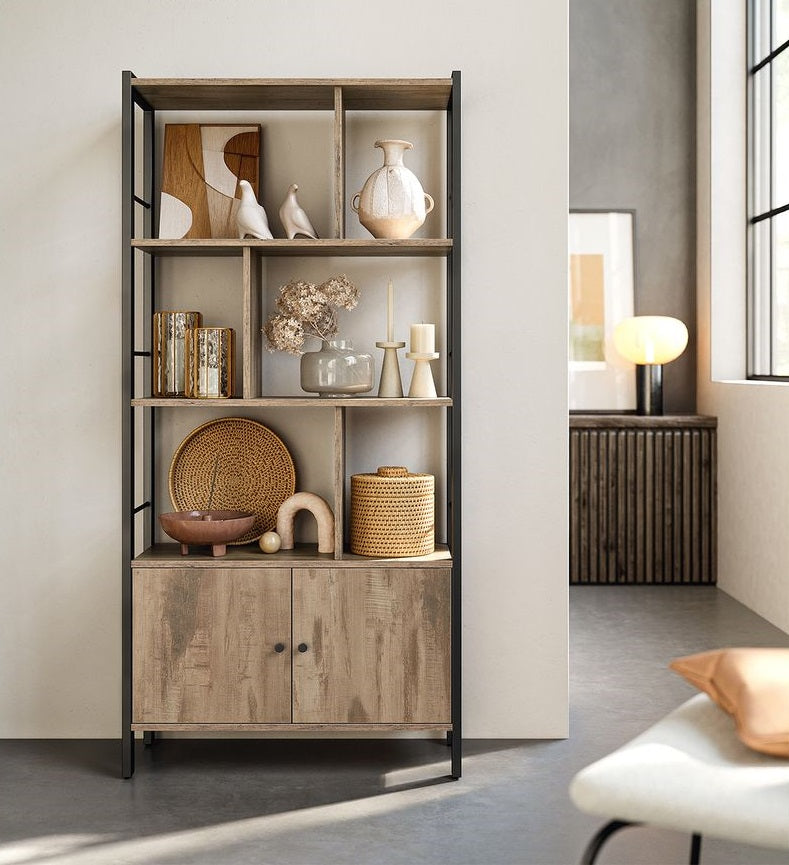 Segenn's Trento Hoge Boekenkast 4 Planken – Open Kast in Eiken Bruin-Zwart voor Woonkamer of Kantoor