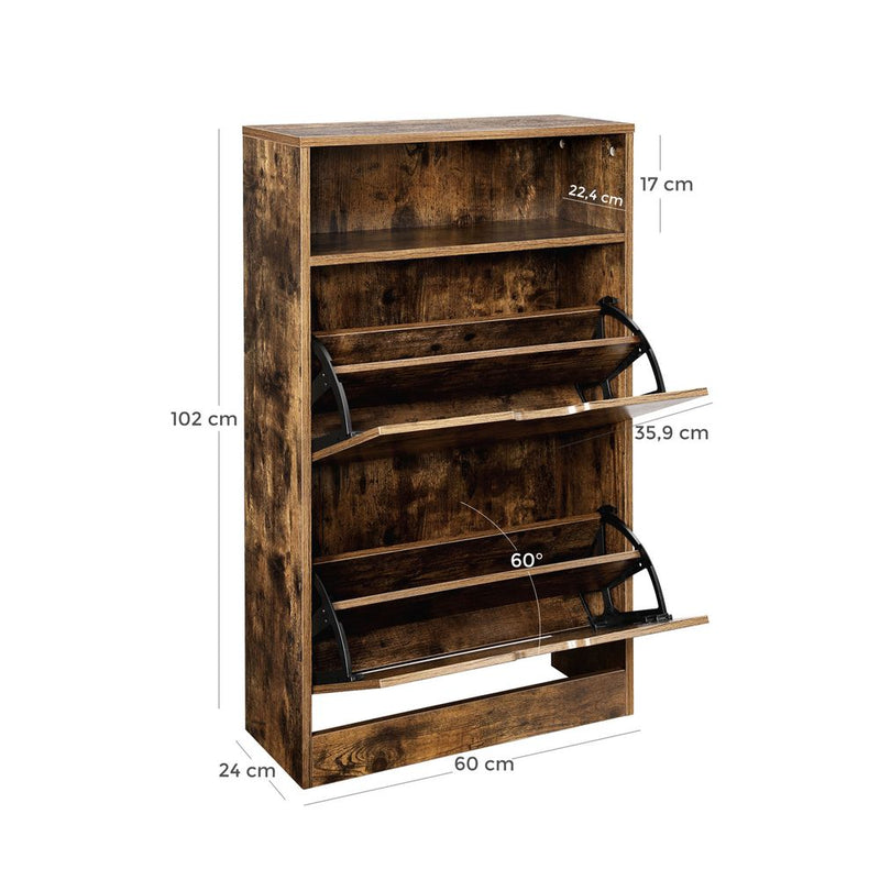 Segenn's Modena Schoenenkast met 2 Kleppen – Vintage Bruin – Smalle Schoenenkast met Klapdeuren