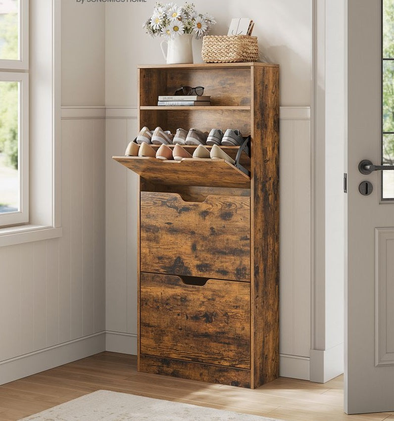 SEGENN Prato Schoenenkast met Open Vakken en Verstelbare Planken – Vintage Look – Praktische Opbergkast voor Schoenen