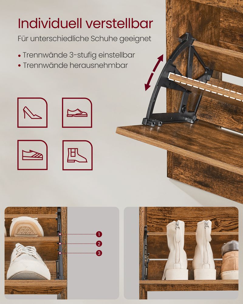 SEGENN Prato Schoenenkast met Open Vakken en Verstelbare Planken – Vintage Look – Praktische Opbergkast voor Schoenen