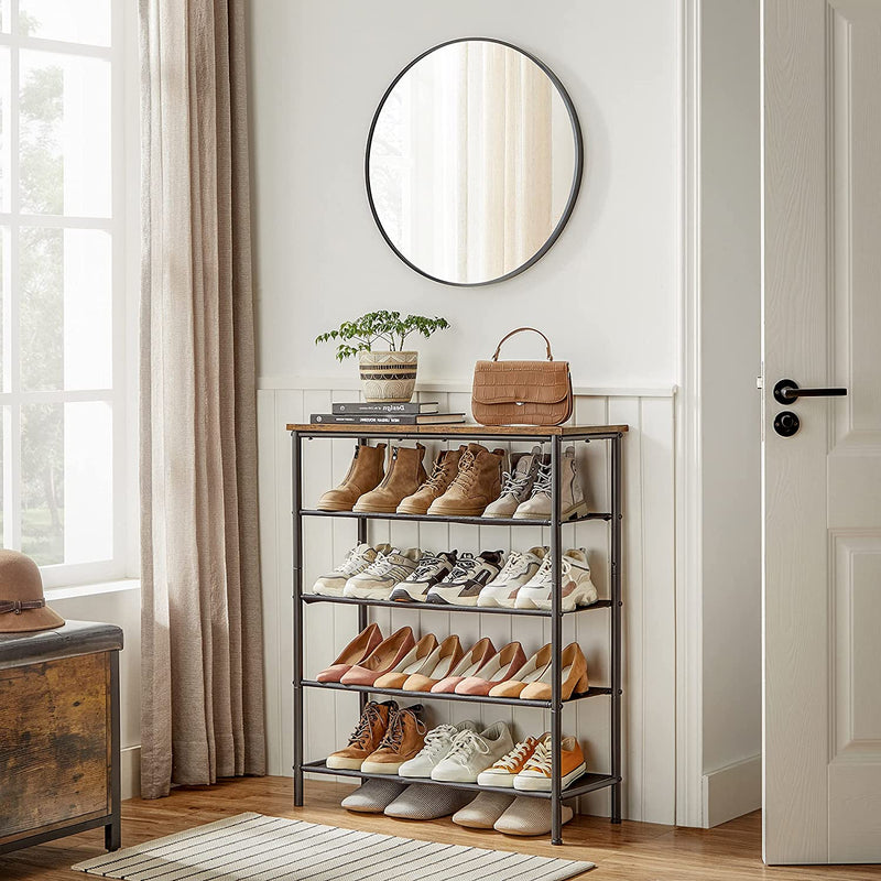 Segenn's Living5 schoenenrek - schoenenkast - met 5 niveaus - schoenenrekken - metalen frame - 4 planken van polyester - vintage bruin-zwart