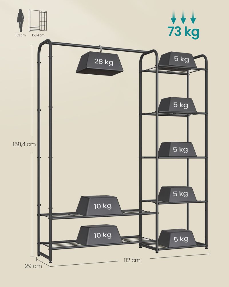 SEGENN Lecce Kledingrek met Opbergrekken – Zwart Metaal – 158 cm hoog-Kledingrek met Planken en Roede