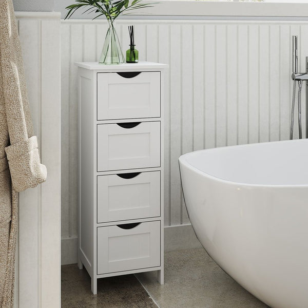 SEGENN Venice Badkamerkast met 4 Lades – Smalle Zijkast voor Extra Opbergruimte-Staande Badkamer Zijkast – Kast met 4 Lades en Compact Design