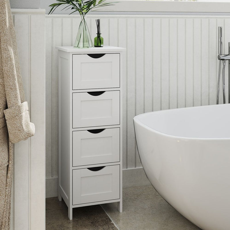 SEGENN Venice Badkamerkast met 4 Lades – Smalle Zijkast voor Extra Opbergruimte-Staande Badkamer Zijkast – Kast met 4 Lades en Compact Design