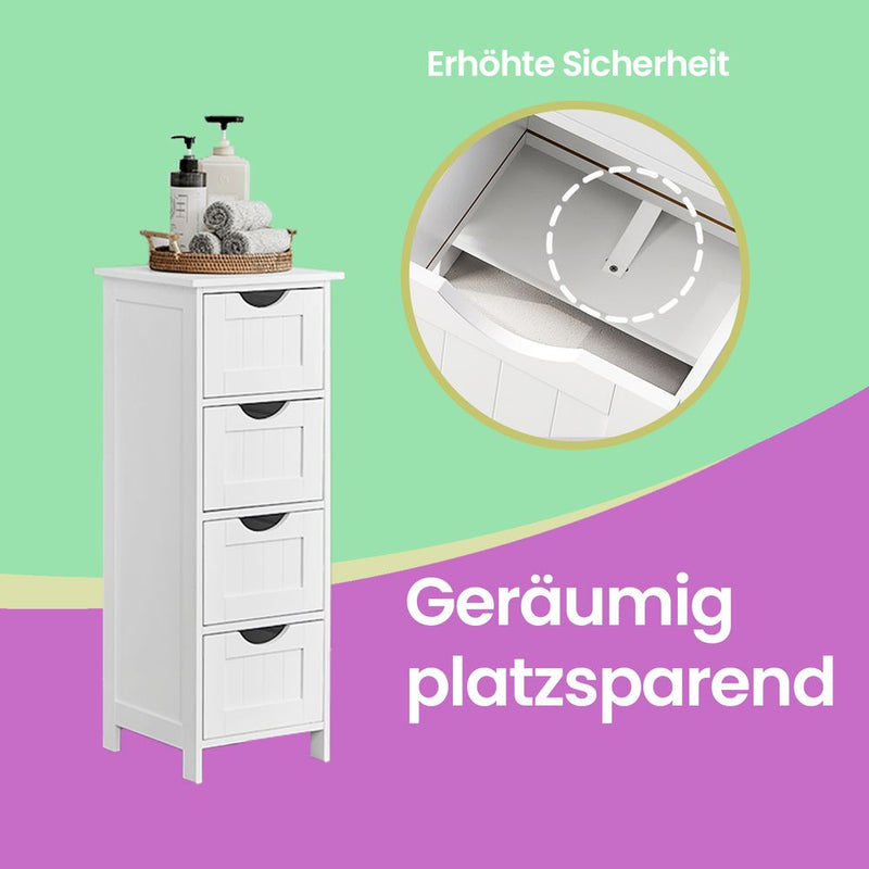 SEGENN Venice Badkamerkast met 4 Lades – Smalle Zijkast voor Extra Opbergruimte-Staande Badkamer Zijkast – Kast met 4 Lades en Compact Design