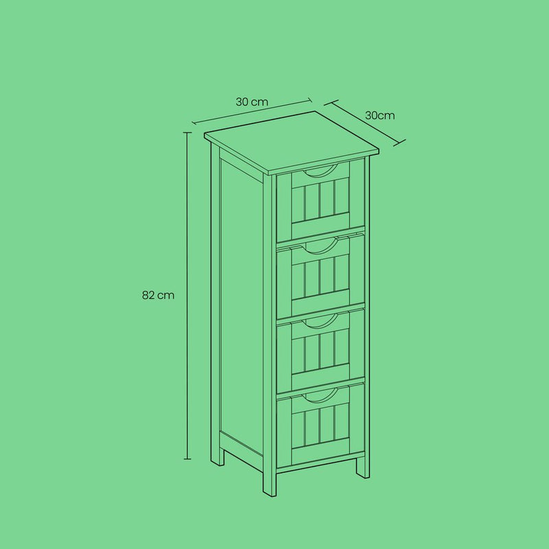 SEGENN Venice Badkamerkast met 4 Lades – Smalle Zijkast voor Extra Opbergruimte-Staande Badkamer Zijkast – Kast met 4 Lades en Compact Design