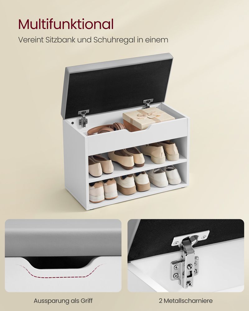 Segenn's Lecce Schoenenbank met Gewatteerd Kussen en 3 Lagen-Comfortabel Kussen – Wolkenwit