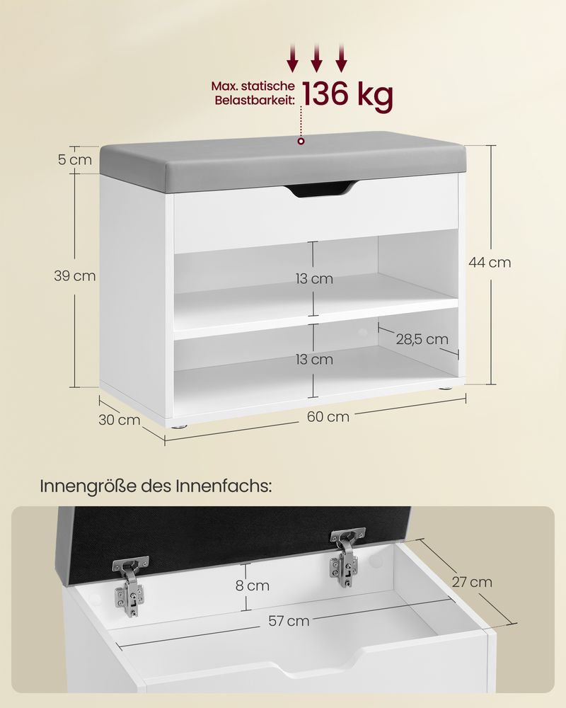 Segenn's Lecce Schoenenbank met Gewatteerd Kussen en 3 Lagen-Comfortabel Kussen – Wolkenwit