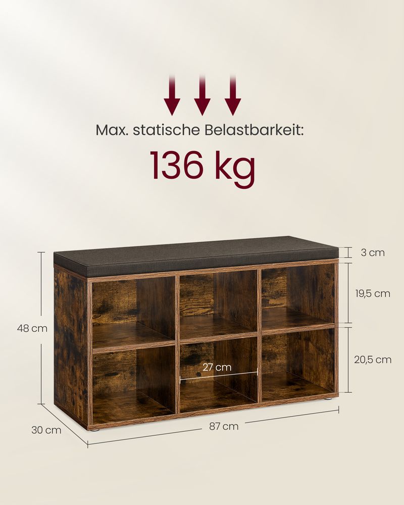Segenn's Brescia Schoenenbank met Opbergruimte – 30×87×48 cm – Vintage Bruin-Grijs – Gestoffeerde Zitting