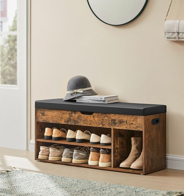 Segenn's Naples Schoenenbank met Gestoffeerde Zitting – Vintage Bruin – Houten Opbergbank voor Schoenen