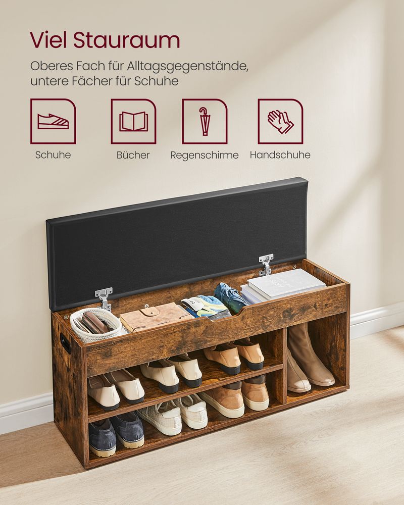 Segenn's Naples Schoenenbank met Gestoffeerde Zitting – Vintage Bruin – Houten Opbergbank voor Schoenen