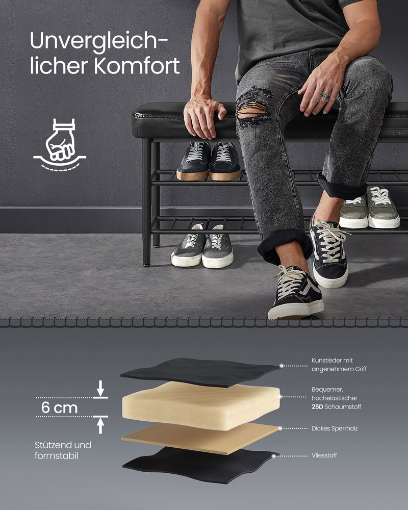 Segenn's Turin EKHO Collection Schoenenbank met Stiksel – 30×100×50 cm – Inktzwart – Moderne Halbank