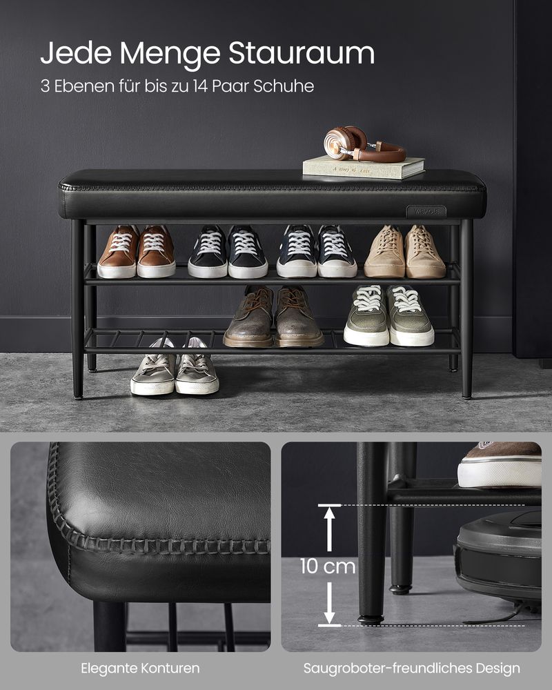Segenn's Turin EKHO Collection Schoenenbank met Stiksel – 30×100×50 cm – Inktzwart – Moderne Halbank