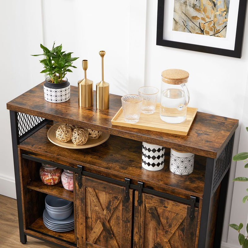 Segenn's Dressoir - Keukenkast - Opbergkast - met 2 Schuifdeuren - Verstelbare Plank - Industrieel - voor Woonkamer - Vintage Bruin-Zwart