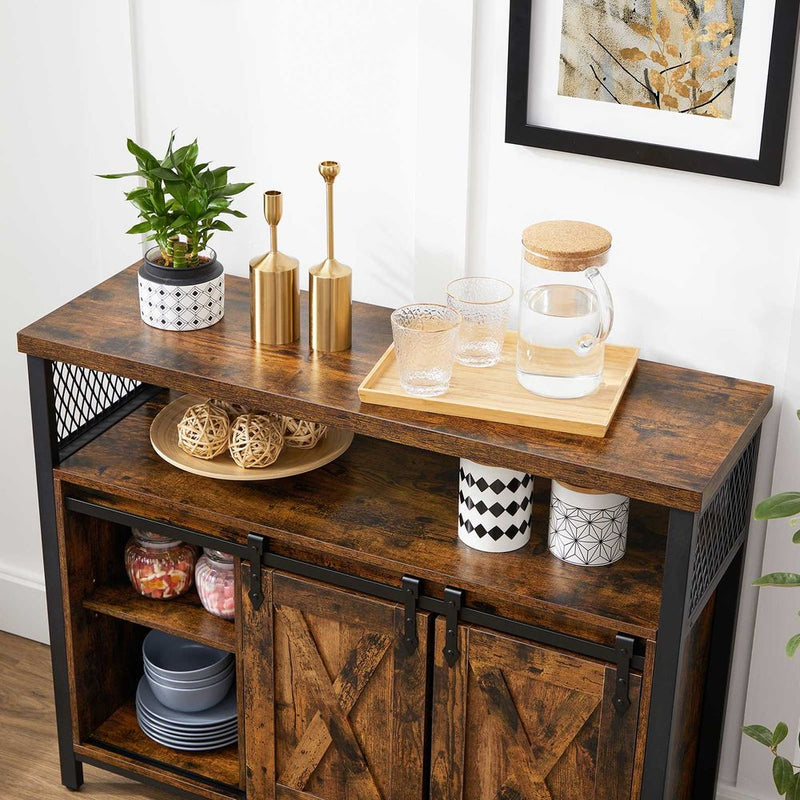 Segenn's Dressoir - Keukenkast - Opbergkast - met 2 Schuifdeuren - Verstelbare Plank - Industrieel - voor Woonkamer - Vintage Bruin-Zwart