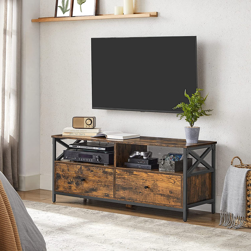 Segenn's TV-kast - tv-toestel voor 55 inch tv woonkamer met 2 laden - 2 opbergplanken - stalen frame - industriële stijl - rustiek bruin en zwart - 120 x 40 x 50 cm