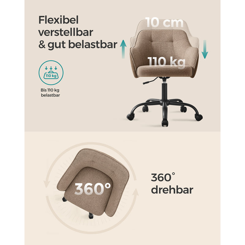 Segenn's bureaustoel - stoel - draaistoel in hoogte verstelbaar - tot 110 kg belastbaar - ademende stof - voor werkkamer - slaapkame - bruin