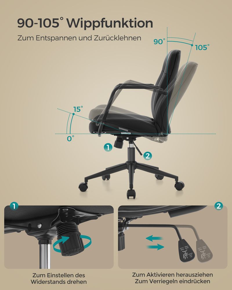 SEGENN Novara Inktzwarte Kantoorstoel met Gebogen Zitting en Stevige Rugleuning-Stijlvolle Inktzwarte Bureaustoel met Ergonomisch Ontwerp