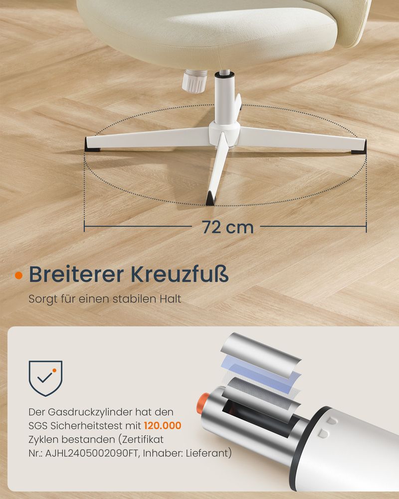 SEGENN Ferrarra Ergonomische Bureaustoel Crèmewit – Brede Zitting en Metalen Kruisvoet-Comfortabele Bureaustoel met Brede Zitting