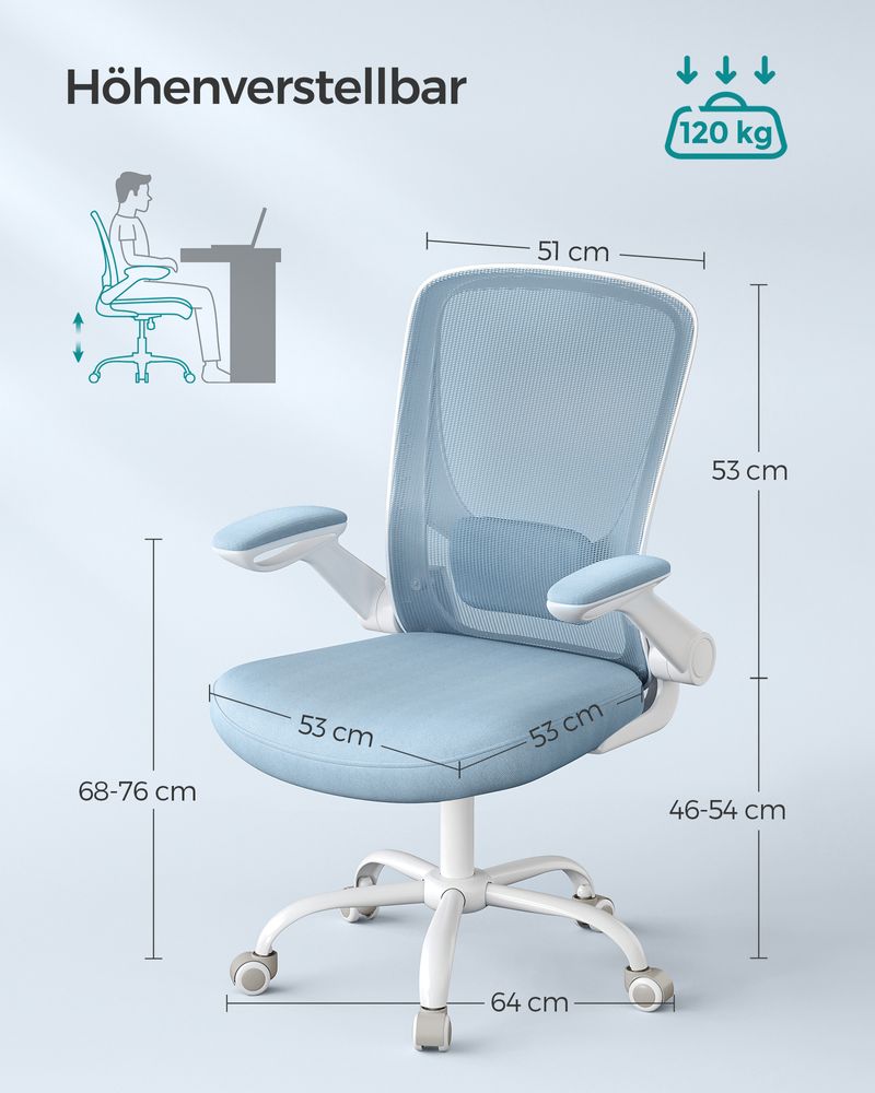 SEGENN Perugia Ergonomische Bureaustoel met Opklapbare Armleuningen – Mistblauw Comfort-Rugondersteuning