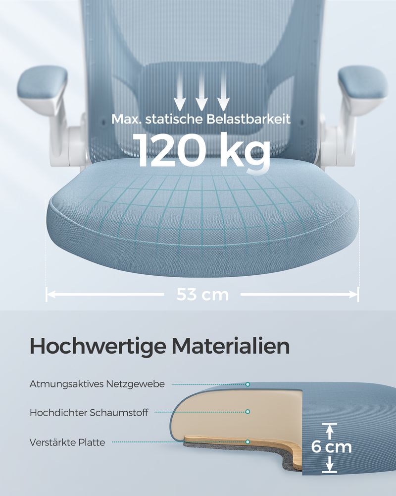 SEGENN Perugia Ergonomische Bureaustoel met Opklapbare Armleuningen – Mistblauw Comfort-Rugondersteuning