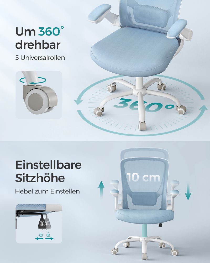 SEGENN Perugia Ergonomische Bureaustoel met Opklapbare Armleuningen – Mistblauw Comfort-Rugondersteuning